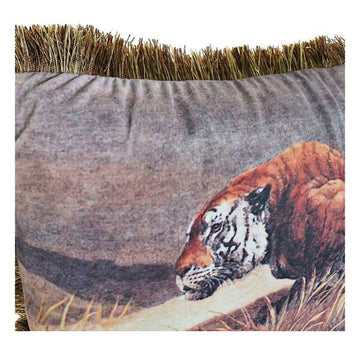 Dekoratives Kissen im Kolonialstil mit Tigerdruck und Fransen aus Polyester.