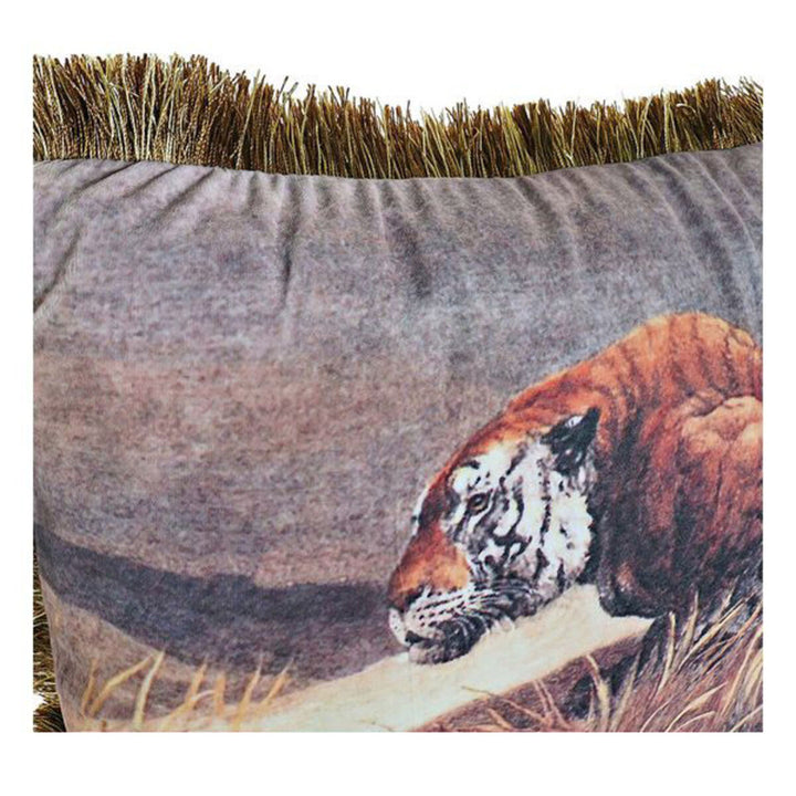 Dekoratives Kissen im Kolonialstil mit Tigerdruck und Fransen aus Polyester.