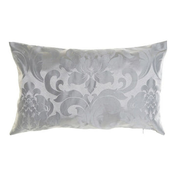 Graues Zierkissen mit Damastmuster, Blumen und Schnörkel Design.
