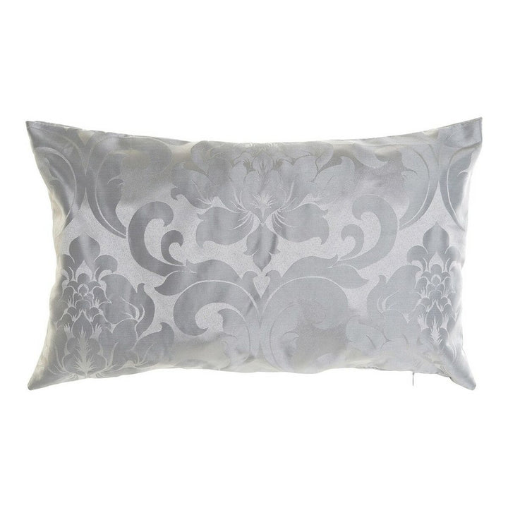 Graues Zierkissen mit Damastmuster, Blumen und Schnörkel Design.