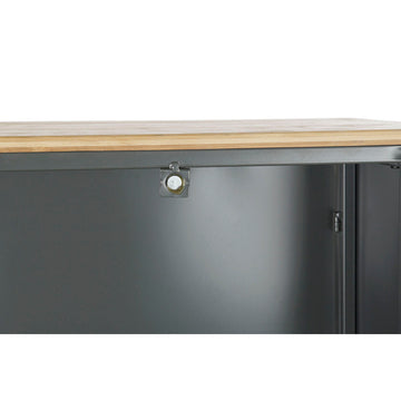 Detailaufnahme: Graues Metallregal mit Holzplatte - Homely Family Shop