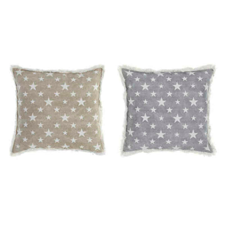 Graue und beige Kissen mit Sternmuster. Dekorative Baumwolle und Polyester Kissen.