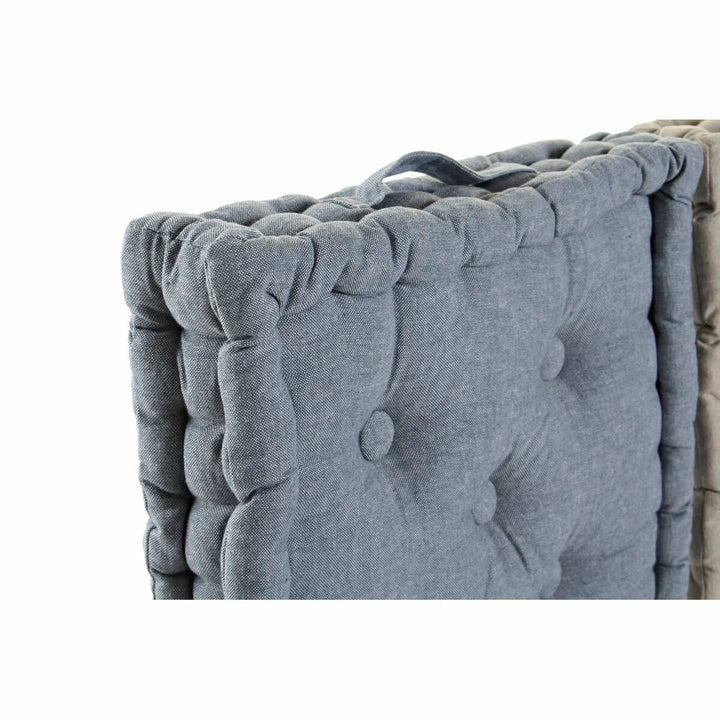Blaues Boden Kissen aus Baumwolle mit Knopfdetails und Tragegriff.
