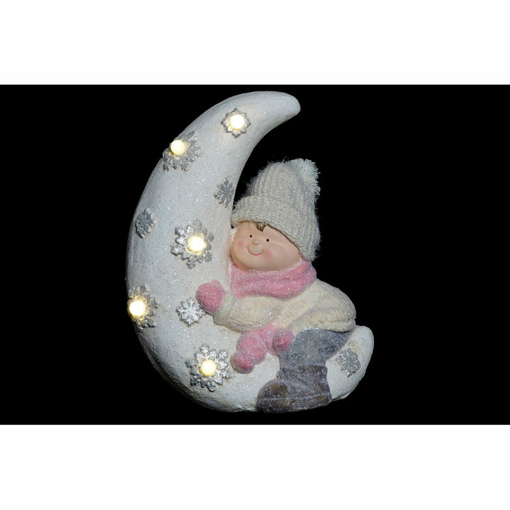 DKD Home Deko-Figur: Kind auf Mond mit Lichtern, weiß-rosa - Homely Family Shop