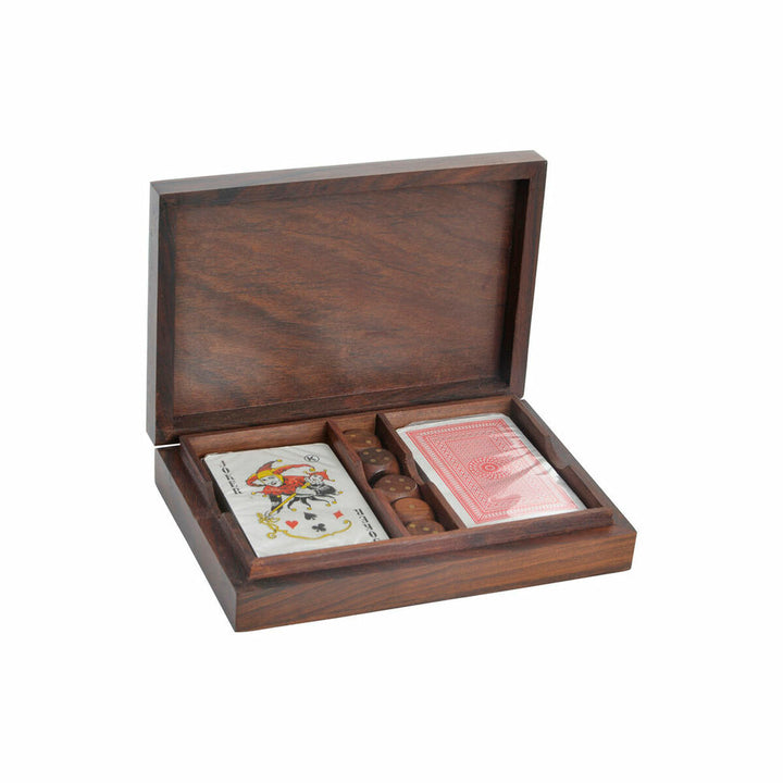 DKD Home Kartenspiele im dunklen Sheesham Holz-Etui mit Würfeln - homely Family Shop