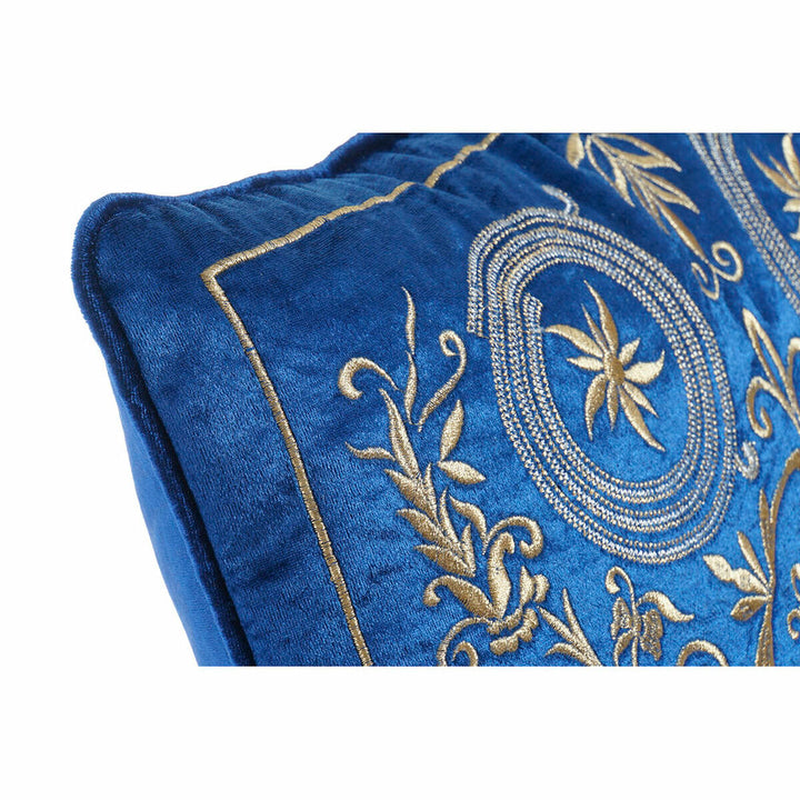 Blaues Kissen mit goldener Stickerei. Dekoratives Kissen für Zuhause.