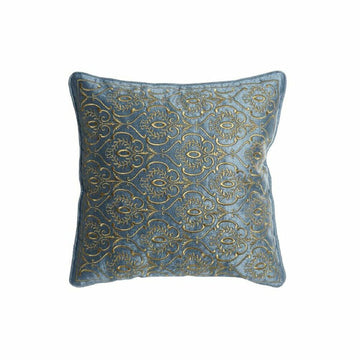 Blaues Kissen mit goldenem Dekor. Dekokissen mit Verzierungen.