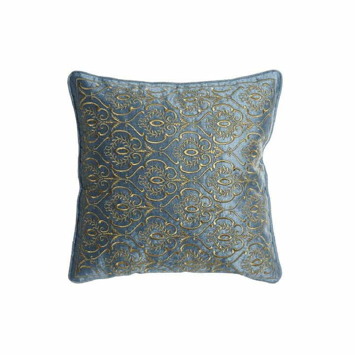 Blaues Kissen mit goldenem Dekor. Dekokissen mit Verzierungen.