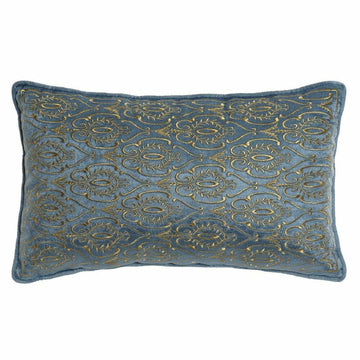 Blaues Kissen mit goldfarbenem floralem Muster. Dekoratives Heimtextil.