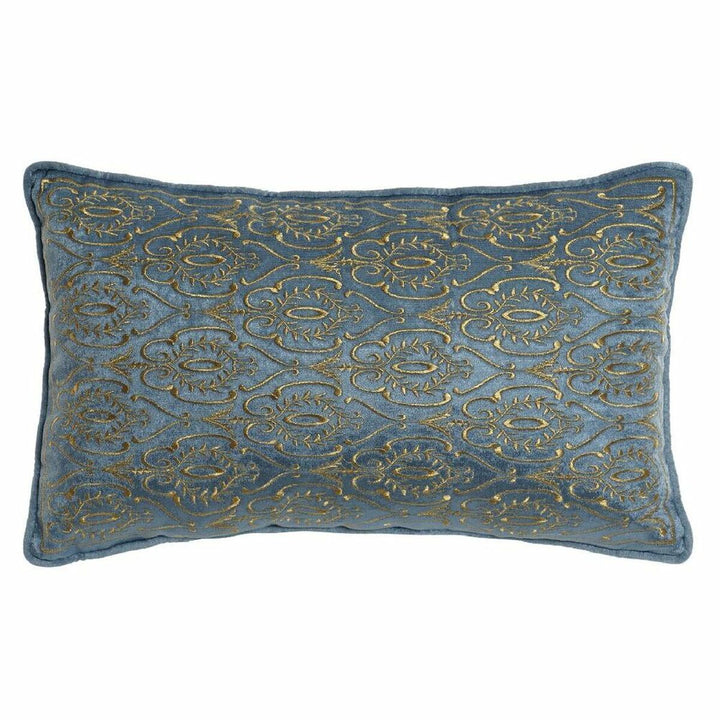 Blaues Kissen mit goldfarbenem floralem Muster. Dekoratives Heimtextil.