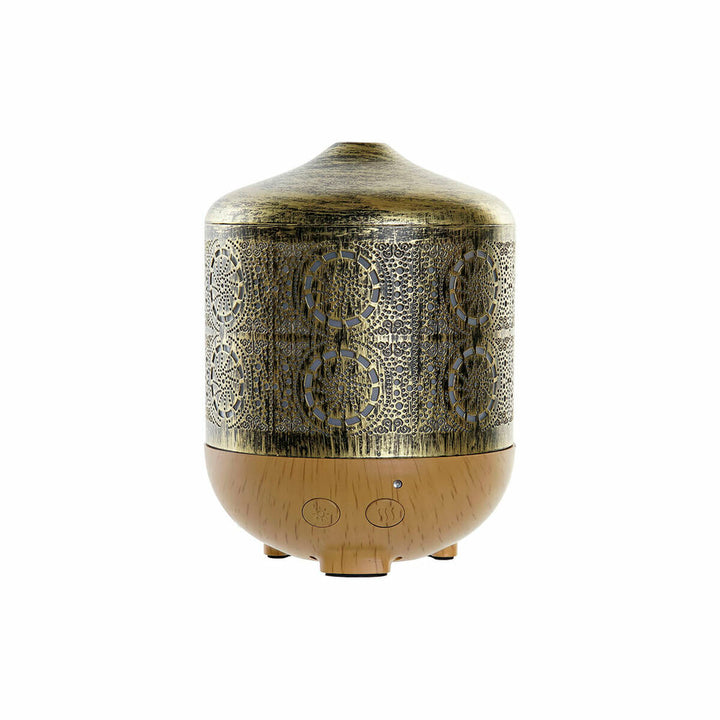 Goldener Aroma Diffusor mit LED und feinen Kreis-Mustern auf Holzsockel.