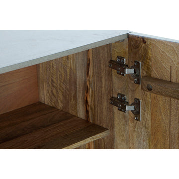 Detailansicht der Anrichte aus Mango-Holz mit Fach und Scharnieren - Homely Family Shop