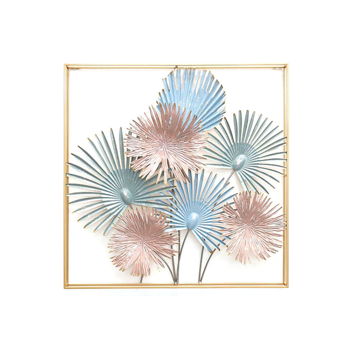 Metall Wanddekoration mit blauen und rosa Palmenblättern im goldenen Rahmen - homely Family Shop