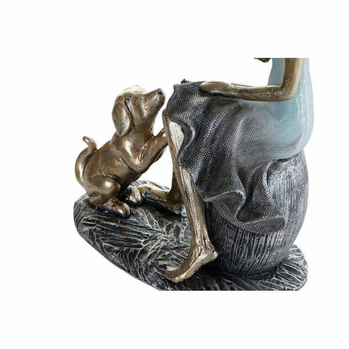 Blaue und goldene Deko-Figur einer Dame mit Hund. Elegante Heimdekor-Figur.