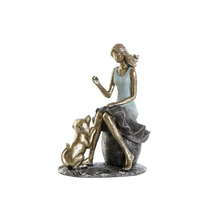 Blaue und goldene Deko-Figur einer Frau mit Hund. Elegante Damen Dekoration für Zuhause.