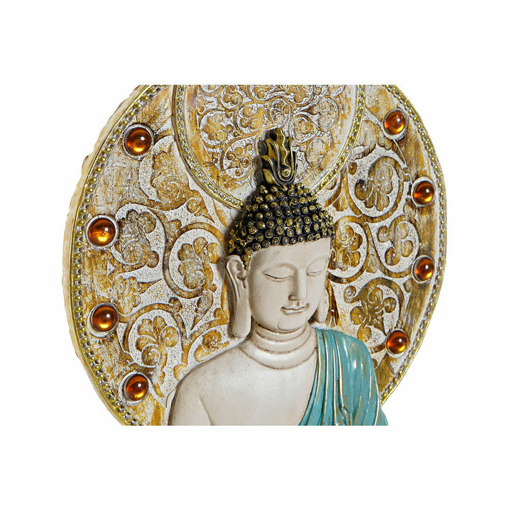 Goldene Buddha Wanddekoration mit orientalischem Design und roten Akzenten.