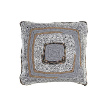 Dekoratives graues Kissen im Boho-Stil mit gewebtem Design und quadratischen Mustern.