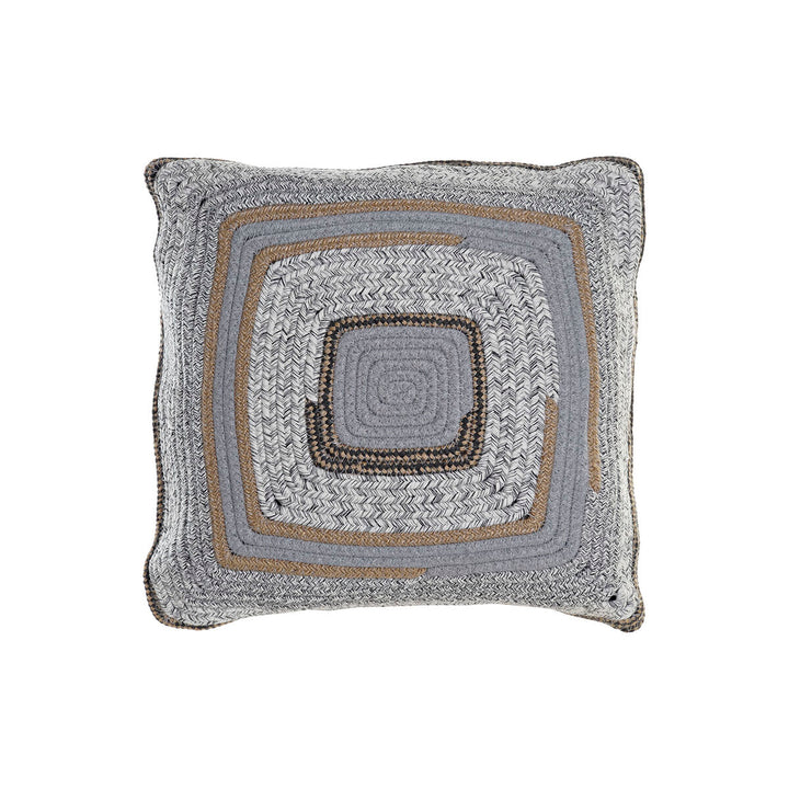 Dekoratives graues Kissen im Boho-Stil mit gewebtem Design und quadratischen Mustern.
