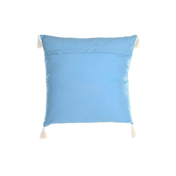 Blaues Kissen mit weißen Quasten. Dekokissen mit schlichtem Design.