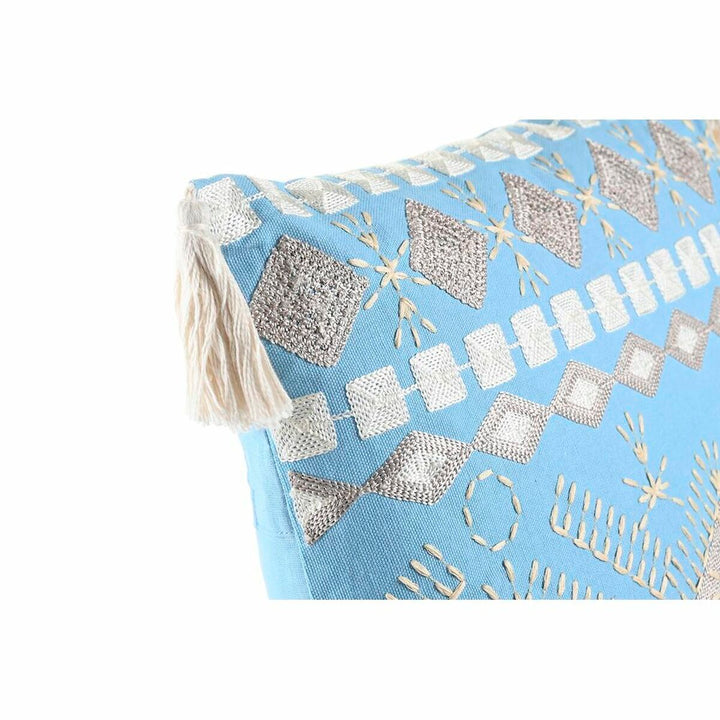 Blaues Kissen mit geometrischen Stickereien und Quaste. Dekokissen für Zuhause.