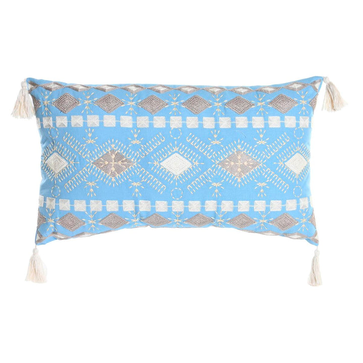 Blaues Kissen mit geometrischem Muster und Quasten, 60 x 15 x 35 cm. Dekokissen für Zuhause.