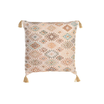 Beige Kissen mit Rhombusmuster und Quasten, 60x60 cm, dekoratives Wohnaccessoire.