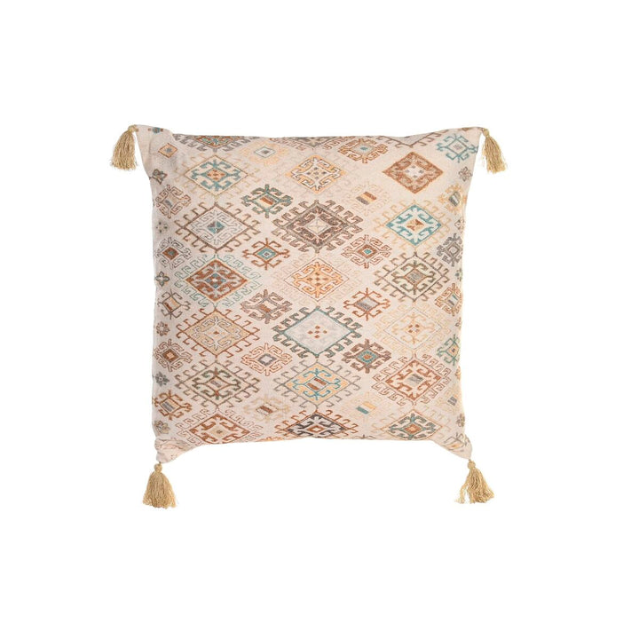 Beige Kissen mit Rhombusmuster und Quasten, 60x60 cm, dekoratives Wohnaccessoire.