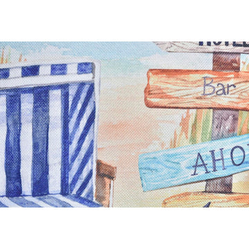 Buntes Kissen mit Strandmotiv: Mediterraner Stil, Strandkorb und Wegweiser zum Bar.