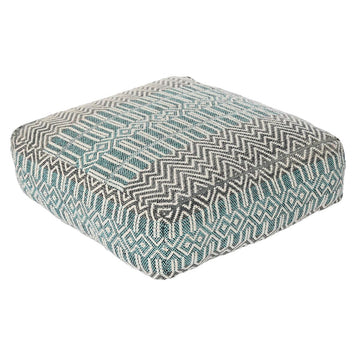Quadratisches Bodenkissen mit blau-weiß-grauem Streifenmuster aus Baumwolle und Polyester.