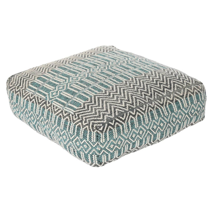Quadratisches Bodenkissen mit blau-weiß-grauem Streifenmuster aus Baumwolle und Polyester.