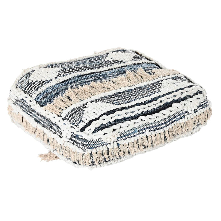 Schwarzes gestreiftes Boden Kissen mit Fransen, 60x60x25 cm. Dekoratives Wohnaccessoire.