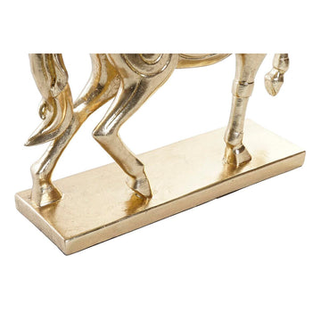 Goldene Deko-Figur eines Pferdes mit feinen Details auf rechteckigem Sockel.