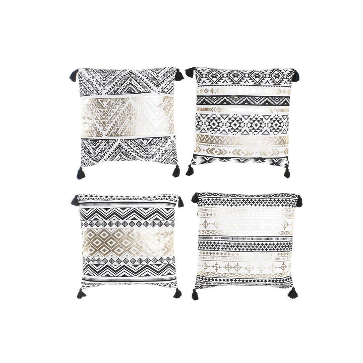 Set aus vier dekorativen Kissen mit geometrischem Muster in Schwarz und Gold mit Quasten.
