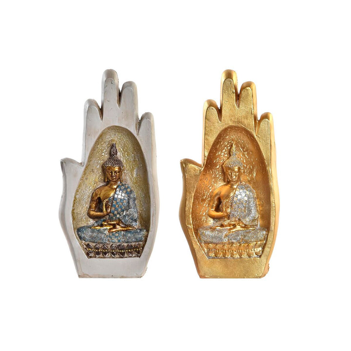 Zwei Buddha Deko-Figuren im orientalischen Stil. Antik Finish in Grau und Gold, gefertigt aus Harz.