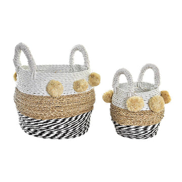 DKD Home Decor Korb-Set im Kolonialstil mit Pompons und Griffen in Weiß, Braun und Schwarz.