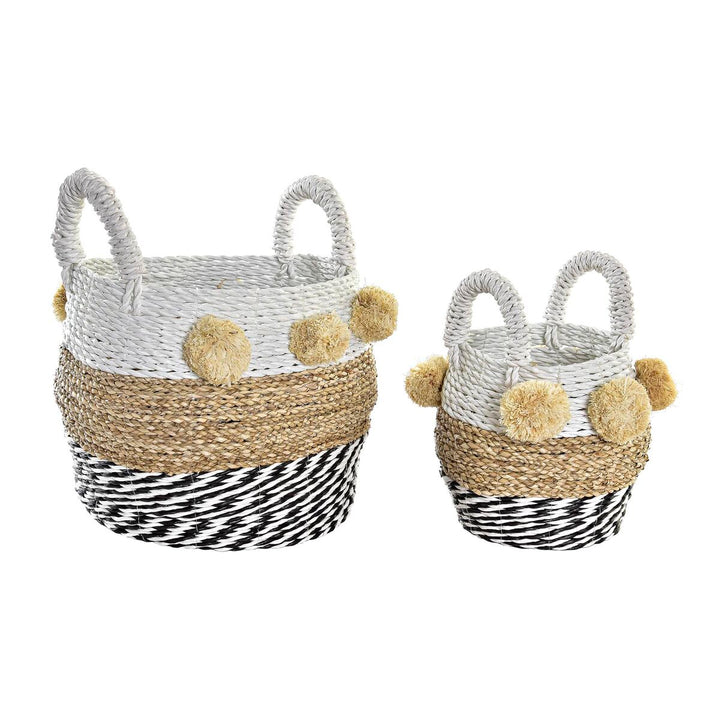 DKD Home Decor Korb-Set im Kolonialstil mit Pompons und Griffen in Weiß, Braun und Schwarz.