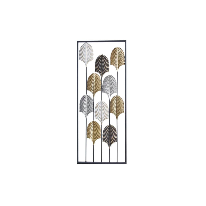Moderne Wanddekoration mit Pflanzenblatt Design in Schwarz, Gold und Silber.