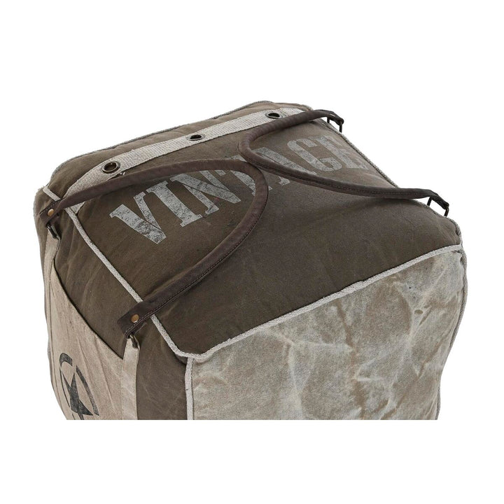 Graues DKD Home Decor Bodenkissen im Vintage-Stil mit Griffen und Textdruck.
