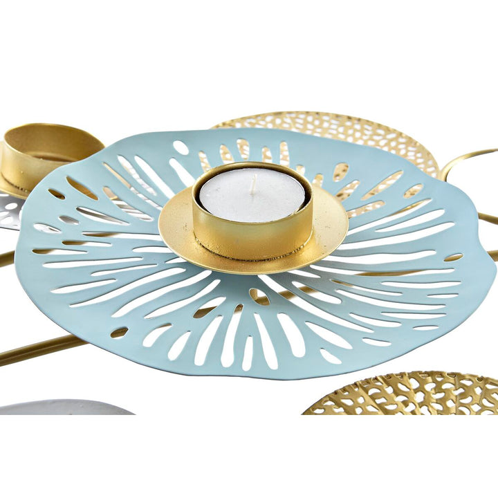 Orientalischer Kerzenleuchter mit Wasserlilie Design in Gold und Grün. Metall Spiegel Dekor.