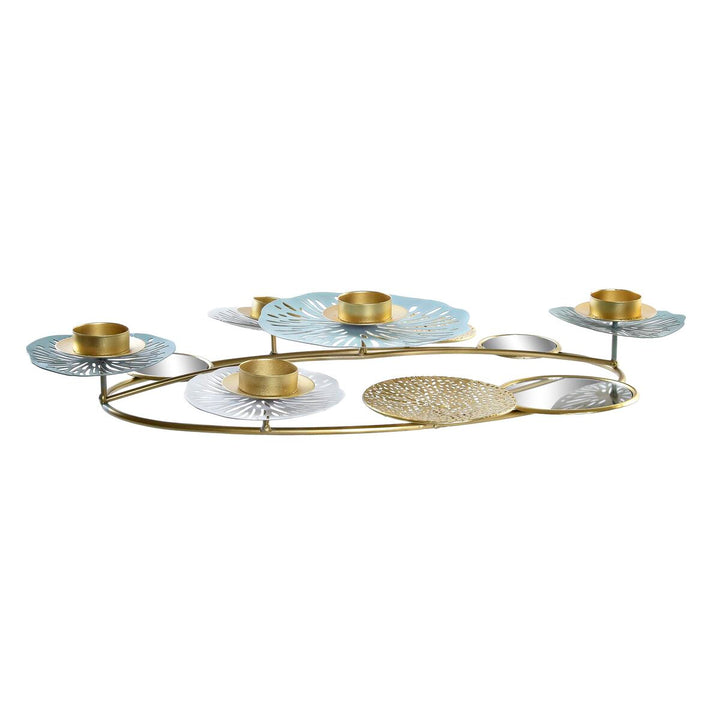 Goldener Kerzenleuchter mit grünen Akzenten. Orientalisches Design mit Wasserlilien und Spiegel.