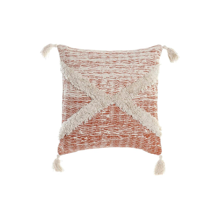 Dekoratives Kissen in Beige und Orange mit Randbereich und Quasten.