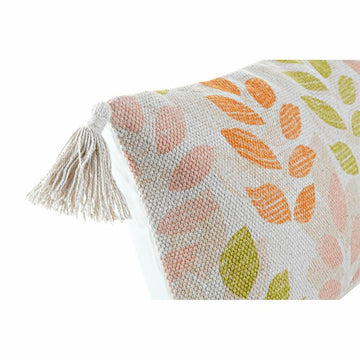 Beige Kissen mit bunten Blumenmuster und Quaste. Dekoratives Wohnaccessoire.
