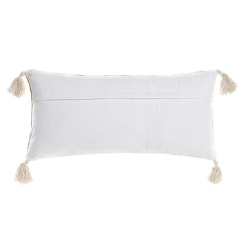 Beige Zierkissen mit bunten Details und Quasten an den Ecken.