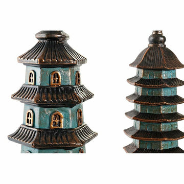 Türkisfarbene Deko-Figuren im orientalischen Stil. Mehrstufige Pagoden mit Bronze Akzenten.