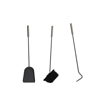 Schwarzes Kaminutensilien-Set aus Edelstahl mit Schaufel, Bürste und Schürhaken.