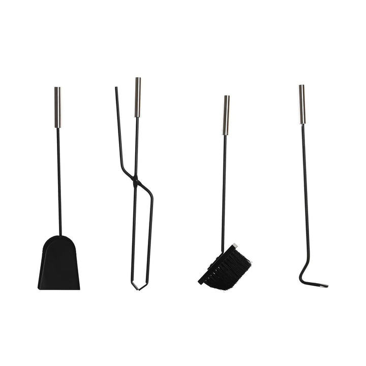 Schwarzes Kaminbesteck aus Edelstahl, 4-teilig: Schaufel, Zange, Bürste und Schürhaken.