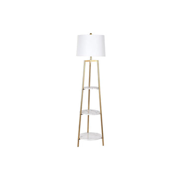 Goldene Stehlampe mit Holz MDF Ablagen und weißem Schirm - homely Family Shop