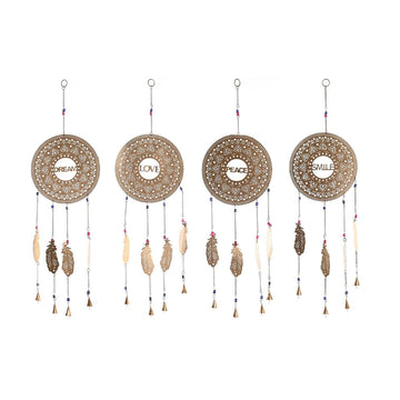Goldene Deko-Figur mit Federn und Mandalas, 'Dream', 'Love', 'Peace', 'Smile' - Homely Family Shop