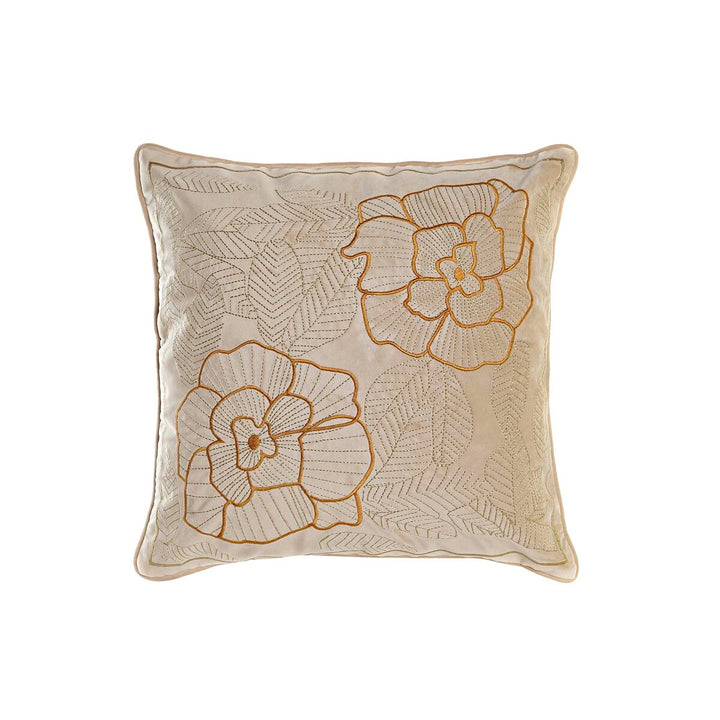 Goldenes Kissen mit Blumenmuster, 45x45 cm. Dekokissen mit floraler Stickerei.