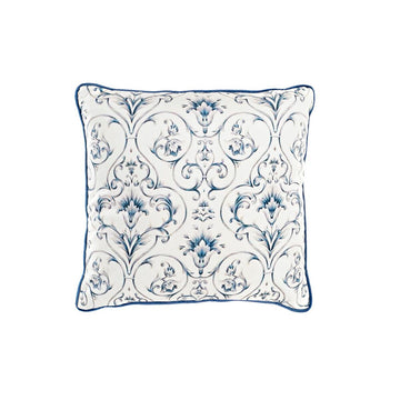 Dekoratives Kissen in Blau-Weiß mit Blumenmuster im neoklassischen Stil.
